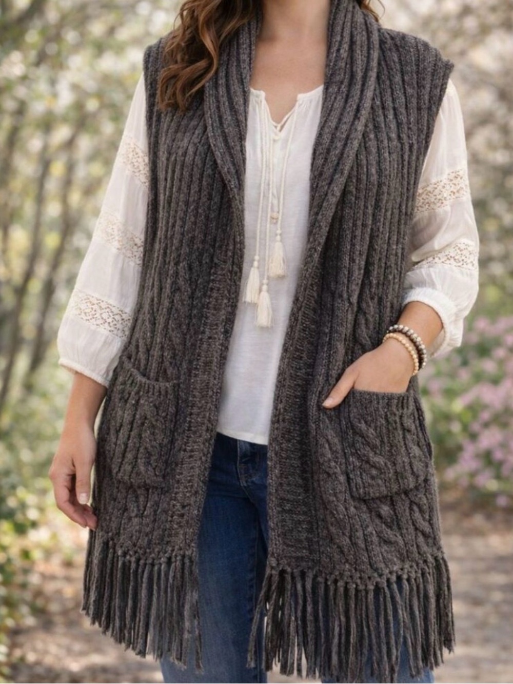 CAbi #163 Charcoal Gray Boho Fringe Long Sweater Duster Vest Wool Blend - Small